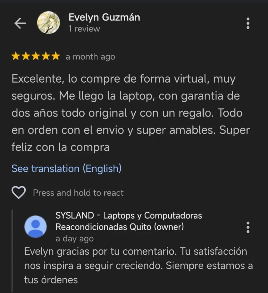 Reseña de Google de 5 estrellas: cliente compró su laptop de forma virtual a Sysland, llegó con garantía de 2 años y un regalo
