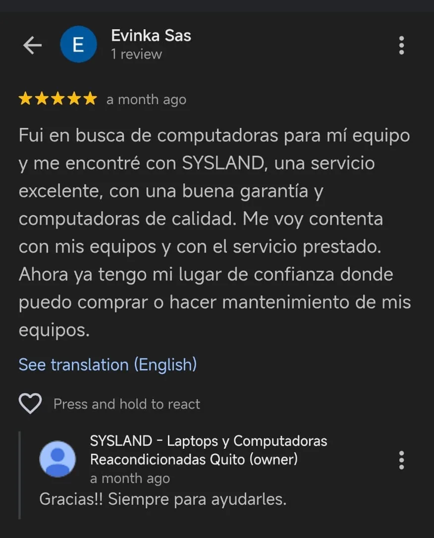 Reseña de Google de 5 estrellas: cliente empresarial compró computadoras para su equipo en Sysland y destaca la garantía y calidad