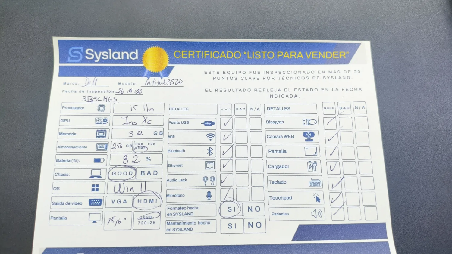 Certificado de inspección de Sysland: Listo para vender, revisión de puntos clave